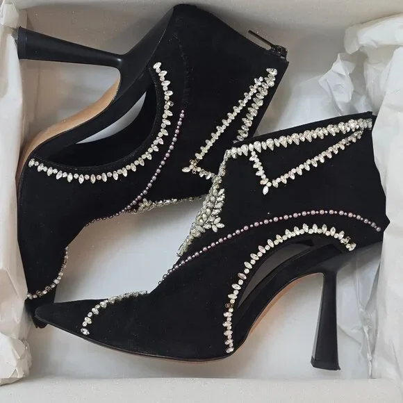 JIMMY CHOO Kendrix 100 - Suede Booties with Embroidery Black/White - Picture 12 of 15